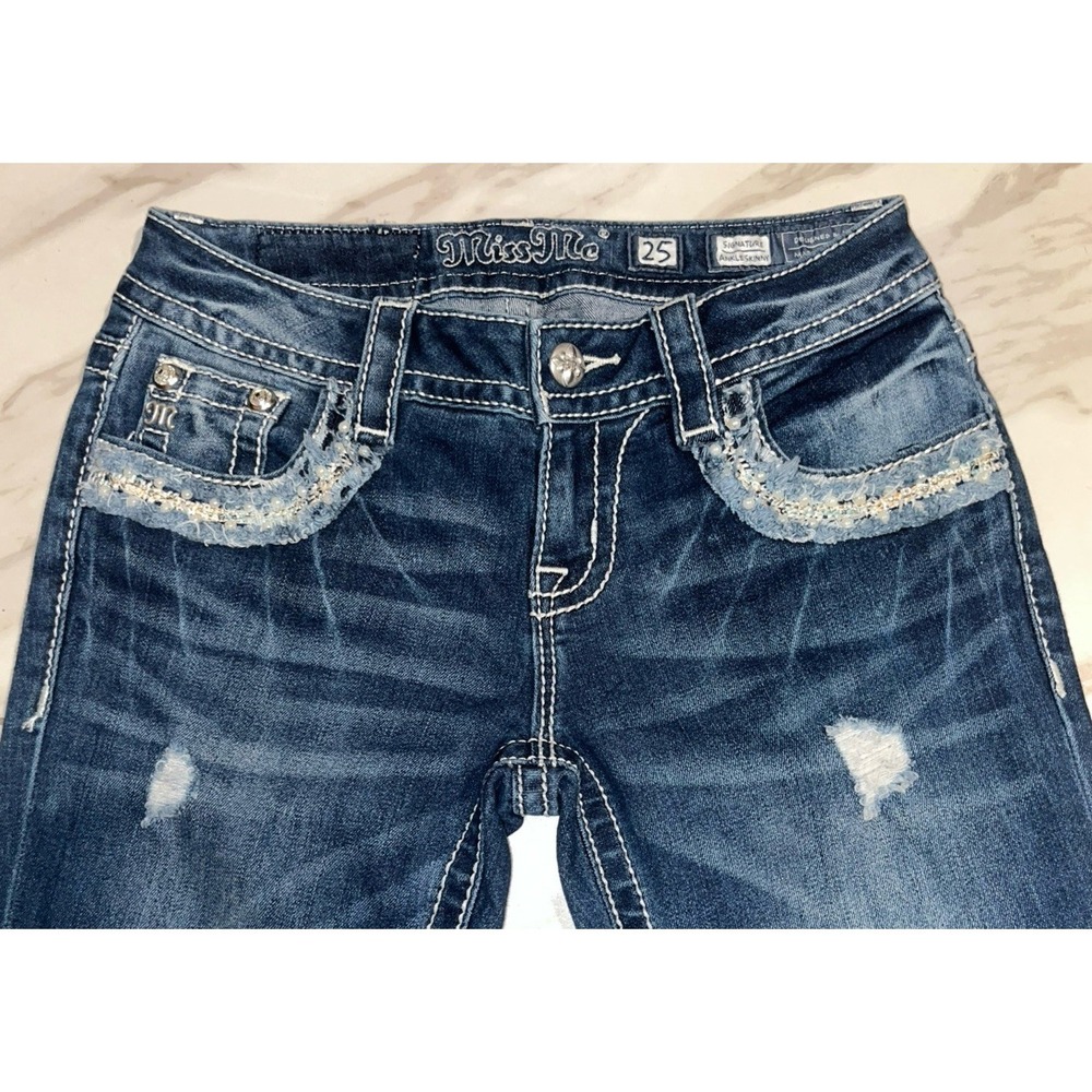 Miss Me Signature Skinny Ankle Jeans Women's 25 Embellished Pockets Frayed
